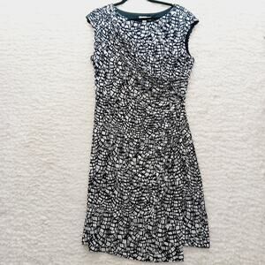 Dress Midi Size 14P Black White Geo Print Sleeveless Faux Wrap Modest Office
